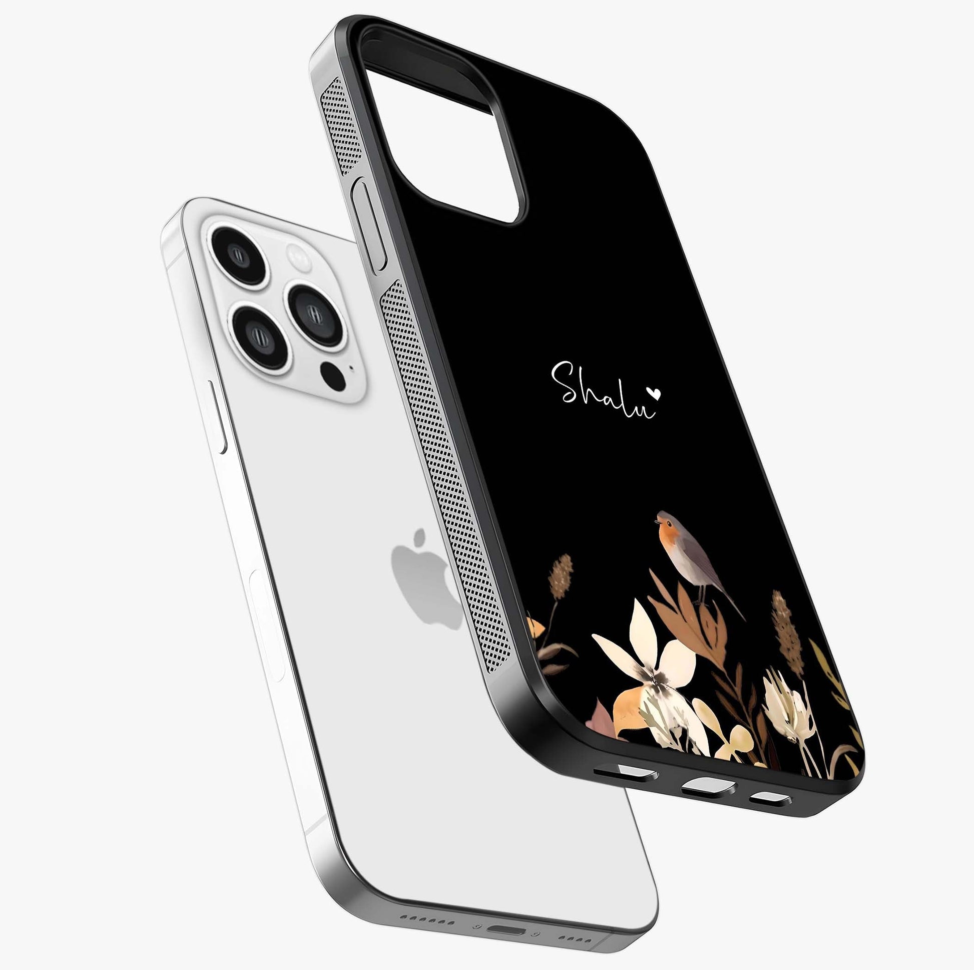 Quiet Garden Tune Custom Name Glass Case laid diagonally highlighting side profile, edges and glossy glass shine.
