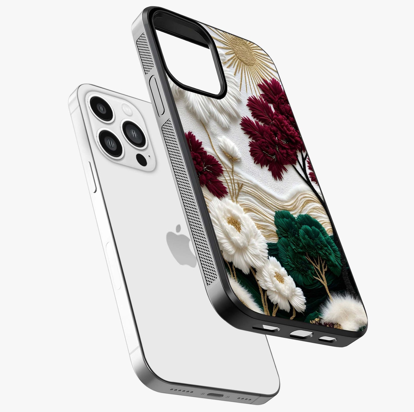 Radiant Bloom Elegance Glass Case laid diagonally highlighting side profile, edges and glossy glass shine.