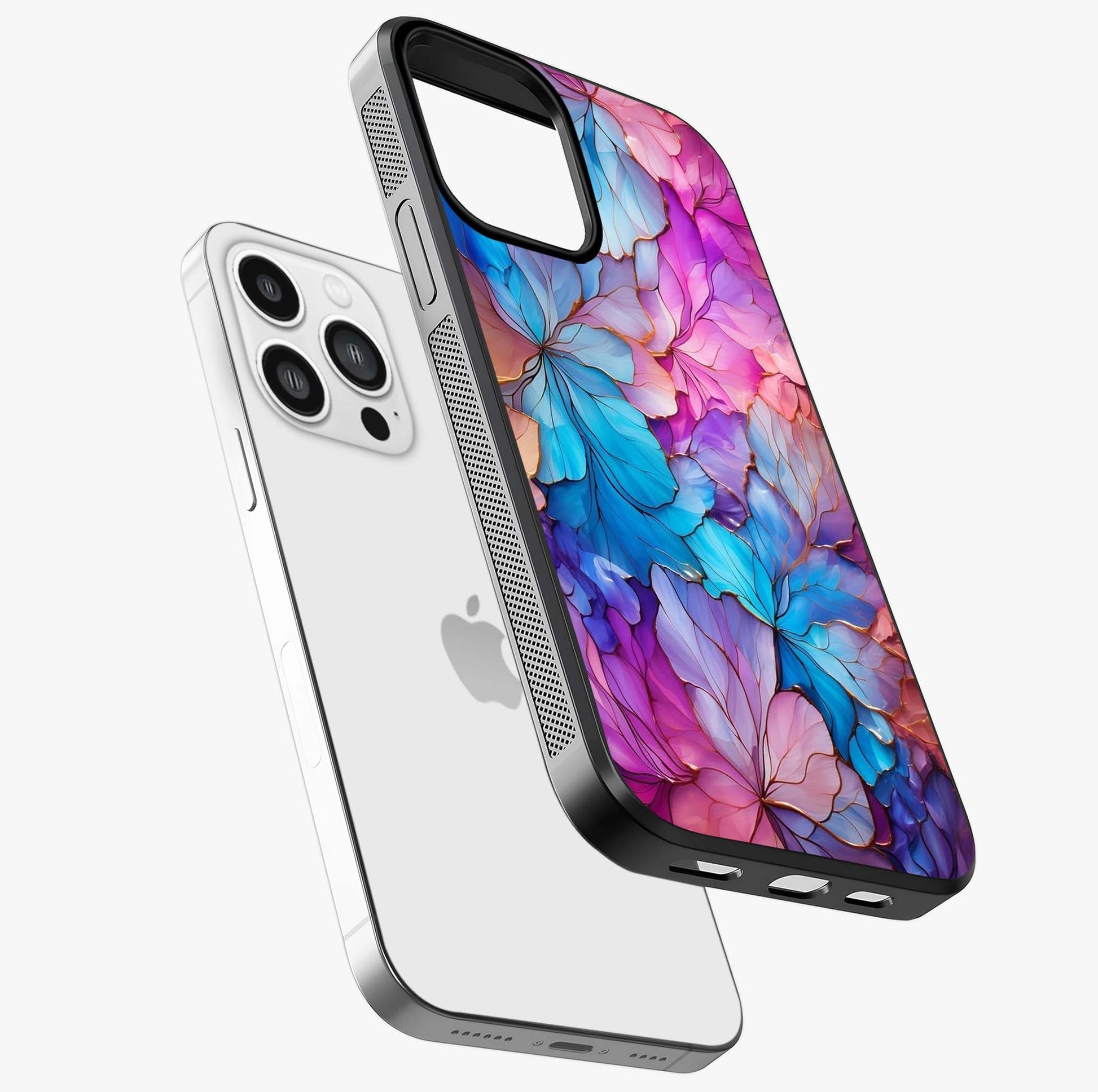 Radiant Floral Whirl Glass Case laid diagonally highlighting side profile, edges and glossy glass shine.