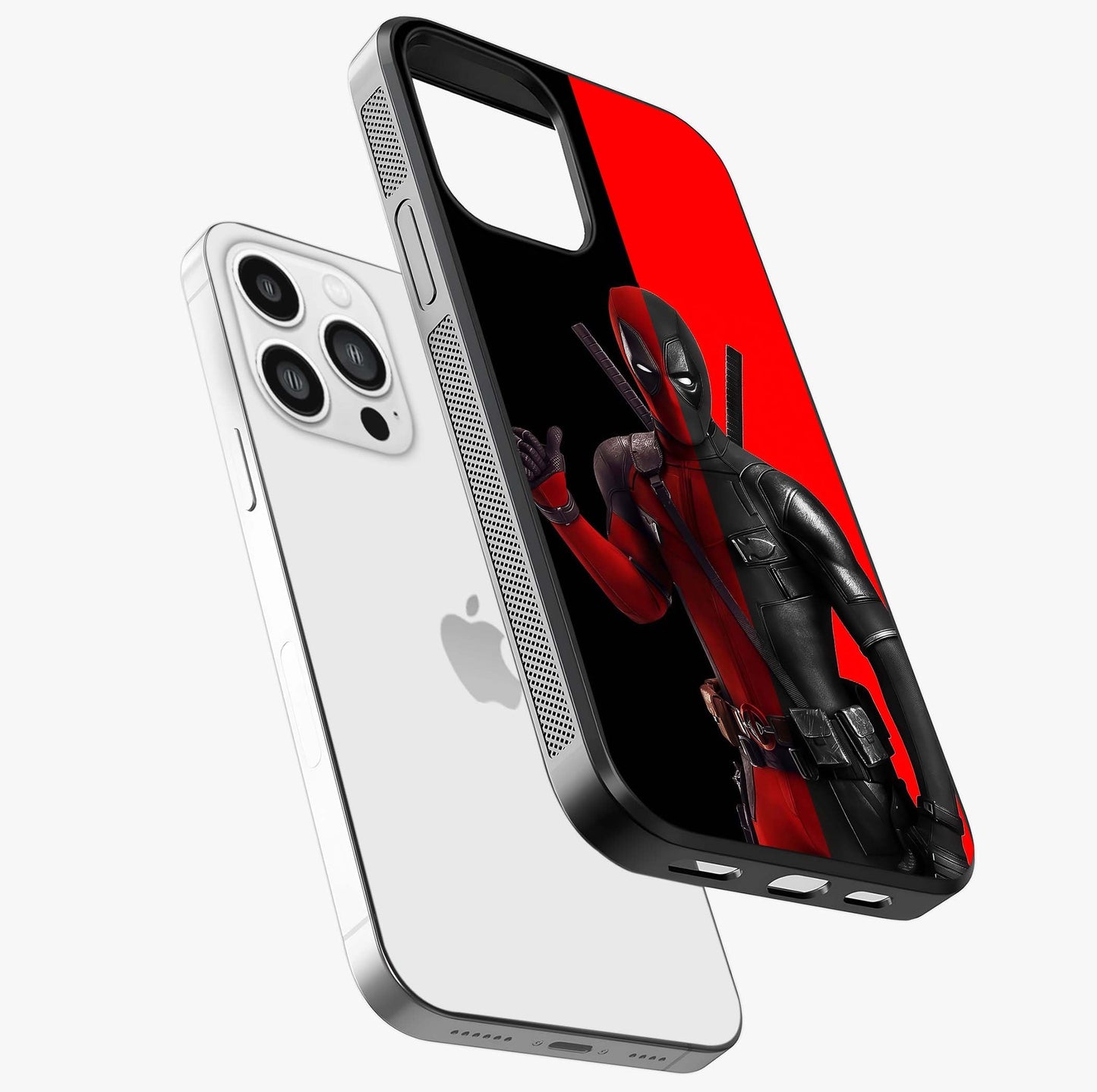 Red & Black Deadpool Theme Glass Case laid diagonally highlighting side profile, edges and glossy glass shine.