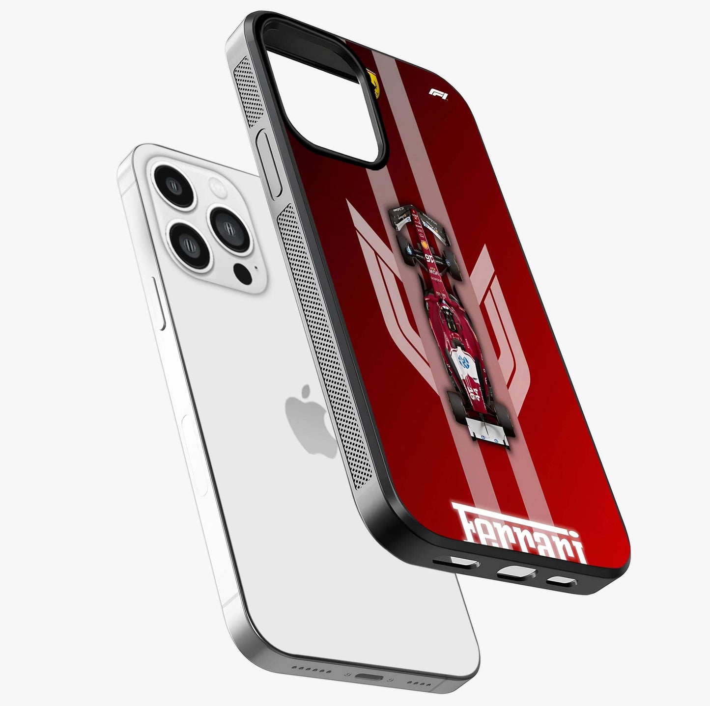 Red Ferrari F1 Vertical Glass Case laid diagonally highlighting side profile, edges and glossy glass shine.