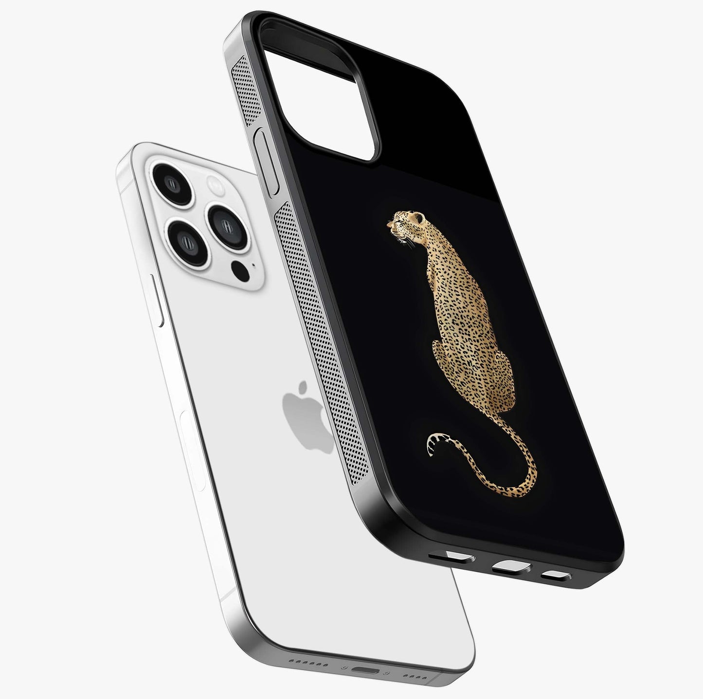 Regal Leopard Glass Case laid diagonally highlighting side profile, edges and glossy glass shine.