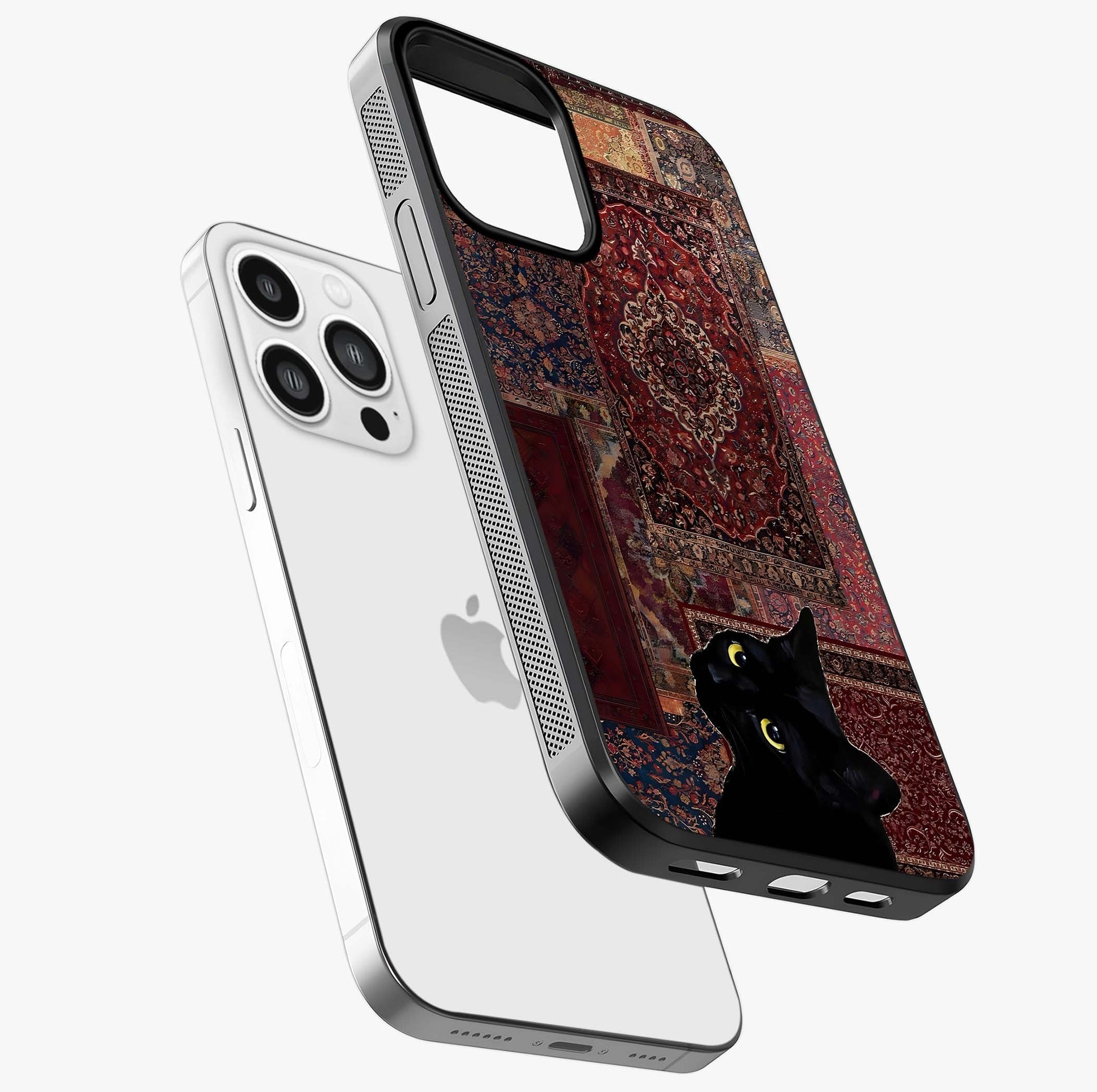 Regal Magic Cat Apple Glass Case laid diagonally highlighting side profile, edges and glossy glass shine.
