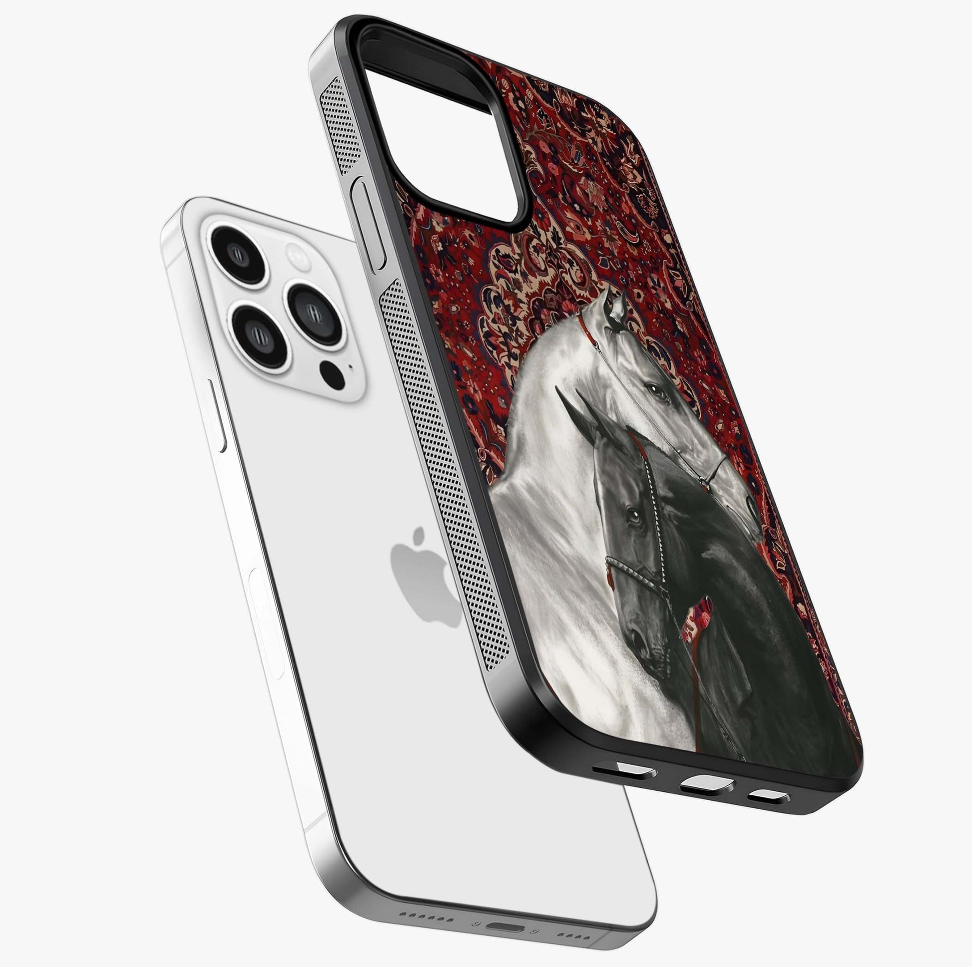 Regal Stallion Tapestry Glass Case laid diagonally highlighting side profile, edges and glossy glass shine.