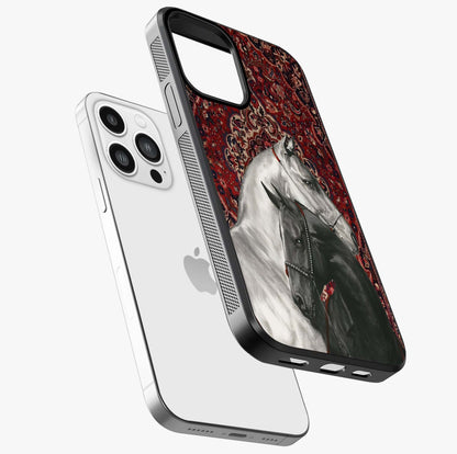 Regal Stallion Tapestry Glass Case laid diagonally highlighting side profile, edges and glossy glass shine.