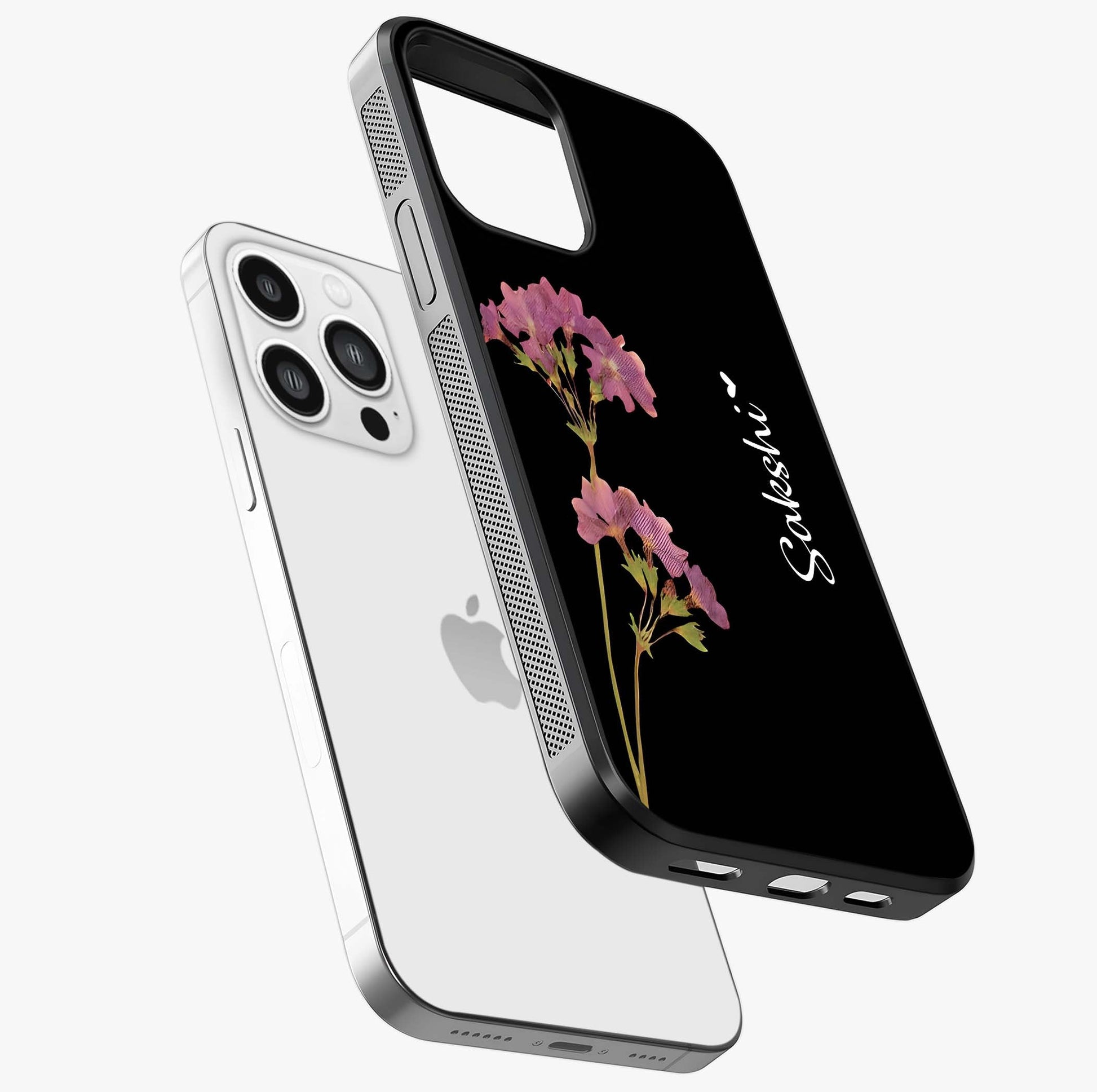 Riching Lavender Flower Custom Name Glass Case laid diagonally highlighting side profile, edges and glossy glass shine.