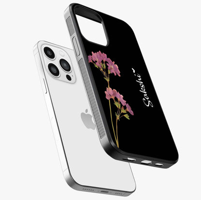 Riching Lavender Flower Custom Name Glass Case laid diagonally highlighting side profile, edges and glossy glass shine.