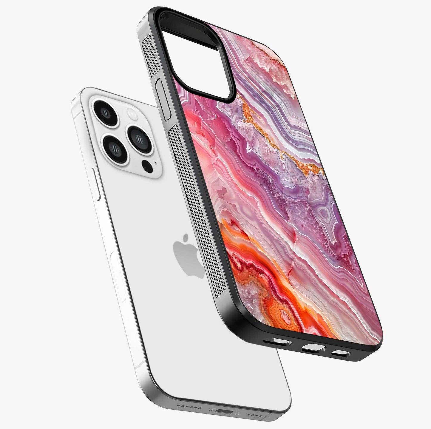 Rose Quartz Marble Glass Case laid diagonally highlighting side profile, edges and glossy glass shine.