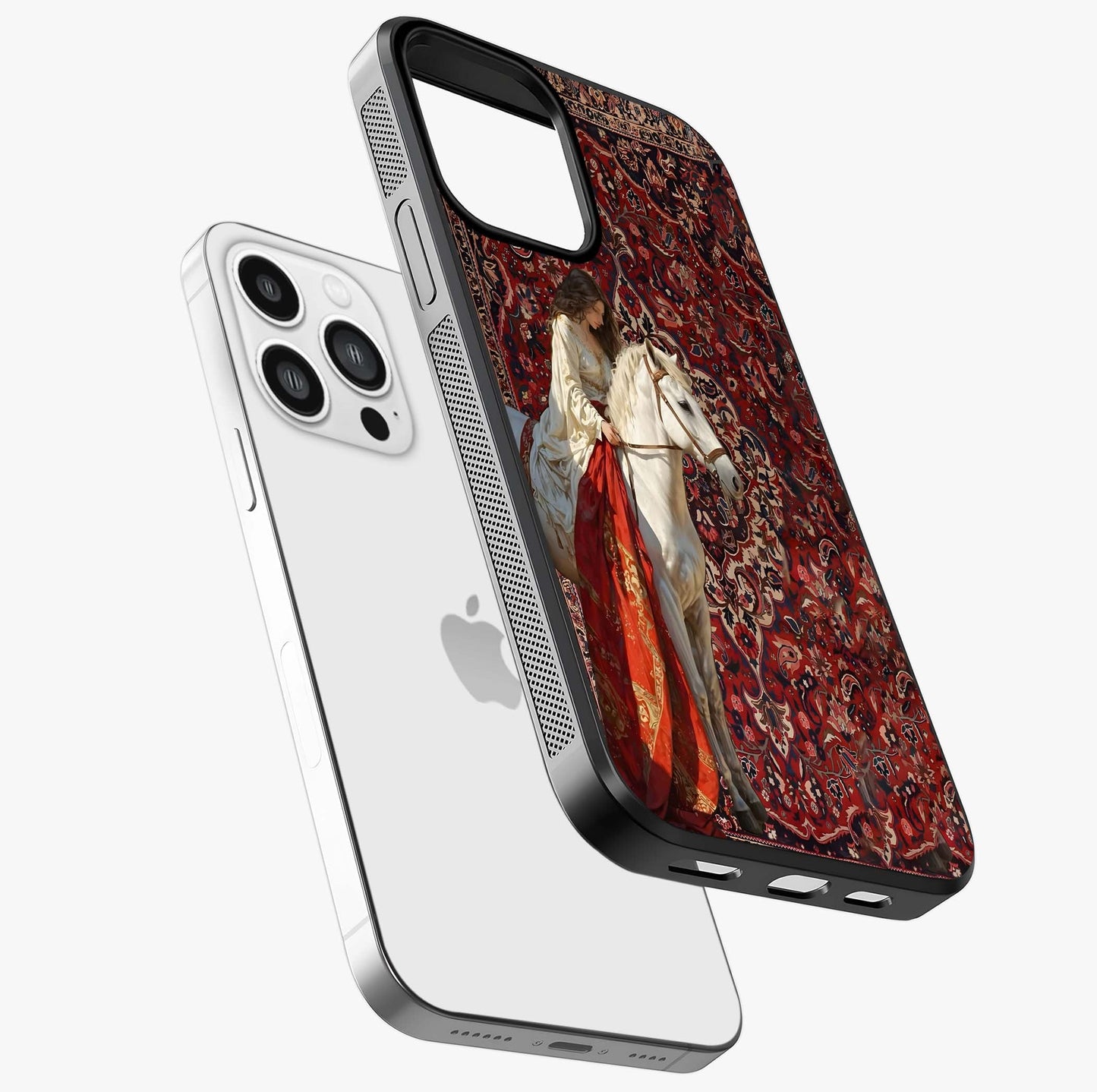 Royal Rider Tapestry Glass Case laid diagonally highlighting side profile, edges and glossy glass shine.