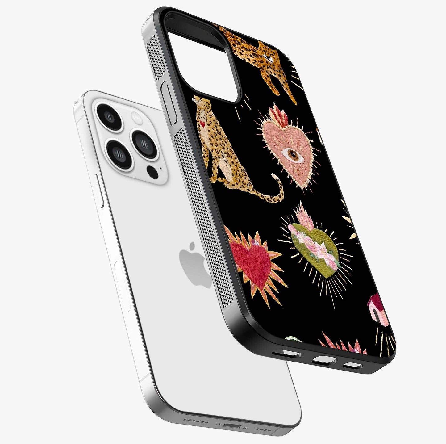 Sacred Jungle Heart Glass Case laid diagonally highlighting side profile, edges and glossy glass shine.