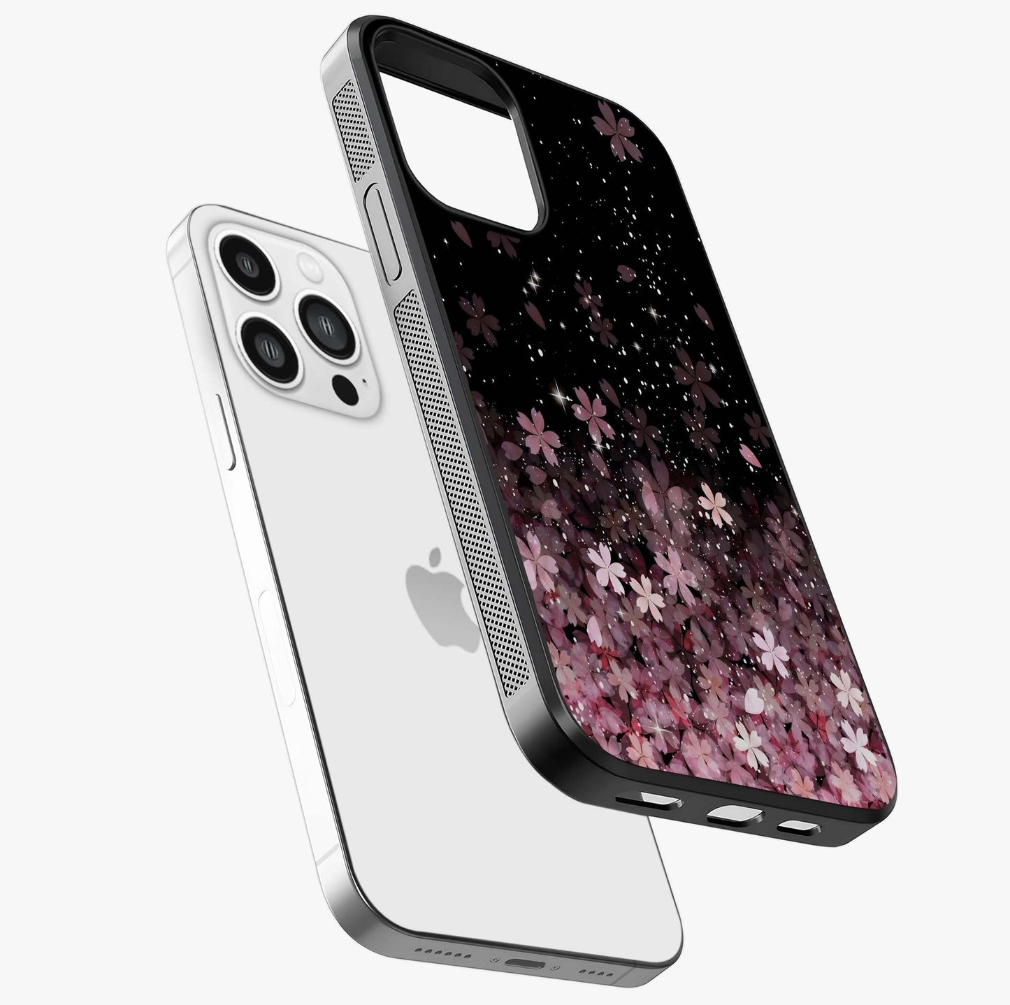 Small Starry Flowers Glass Case laid diagonally highlighting side profile, edges and glossy glass shine.