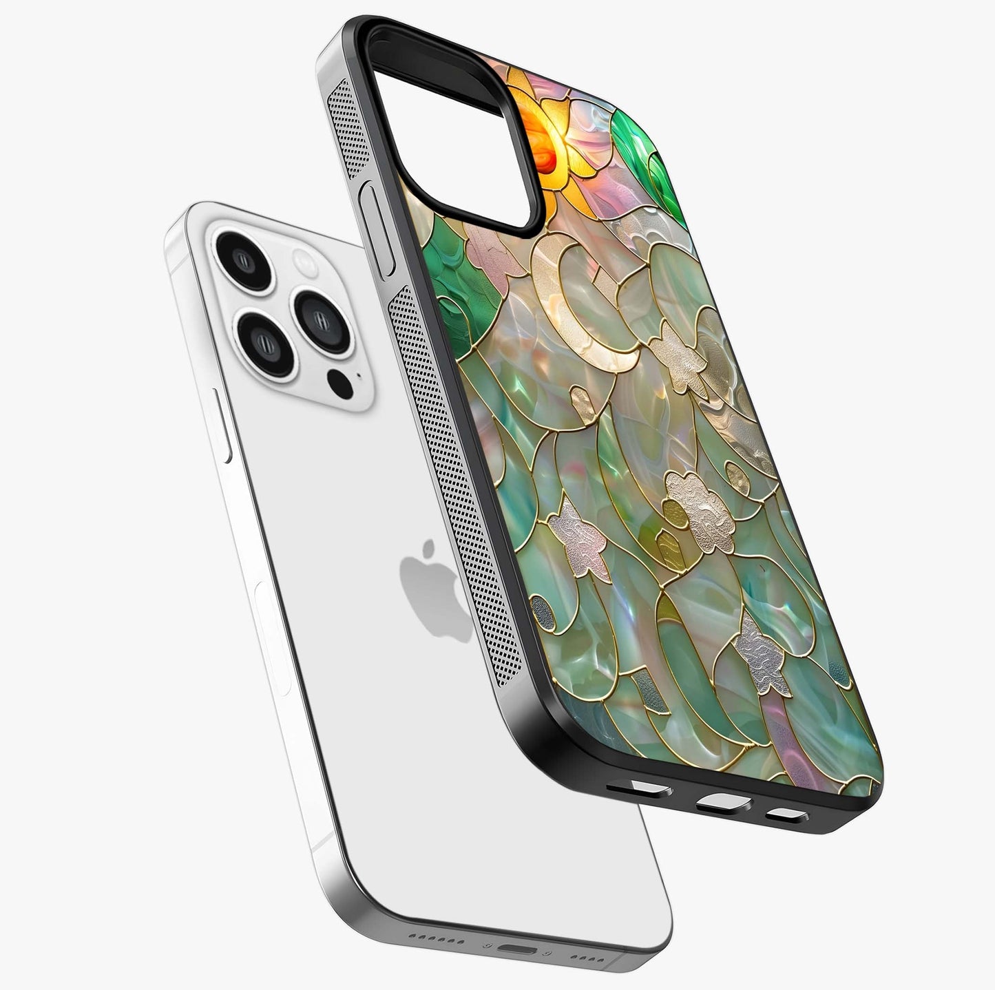 Stained Sunrise Glow Glass Case laid diagonally highlighting side profile, edges and glossy glass shine.