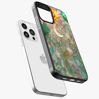 Stained Sunrise Glow Glass Case laid diagonally highlighting side profile, edges and glossy glass shine.