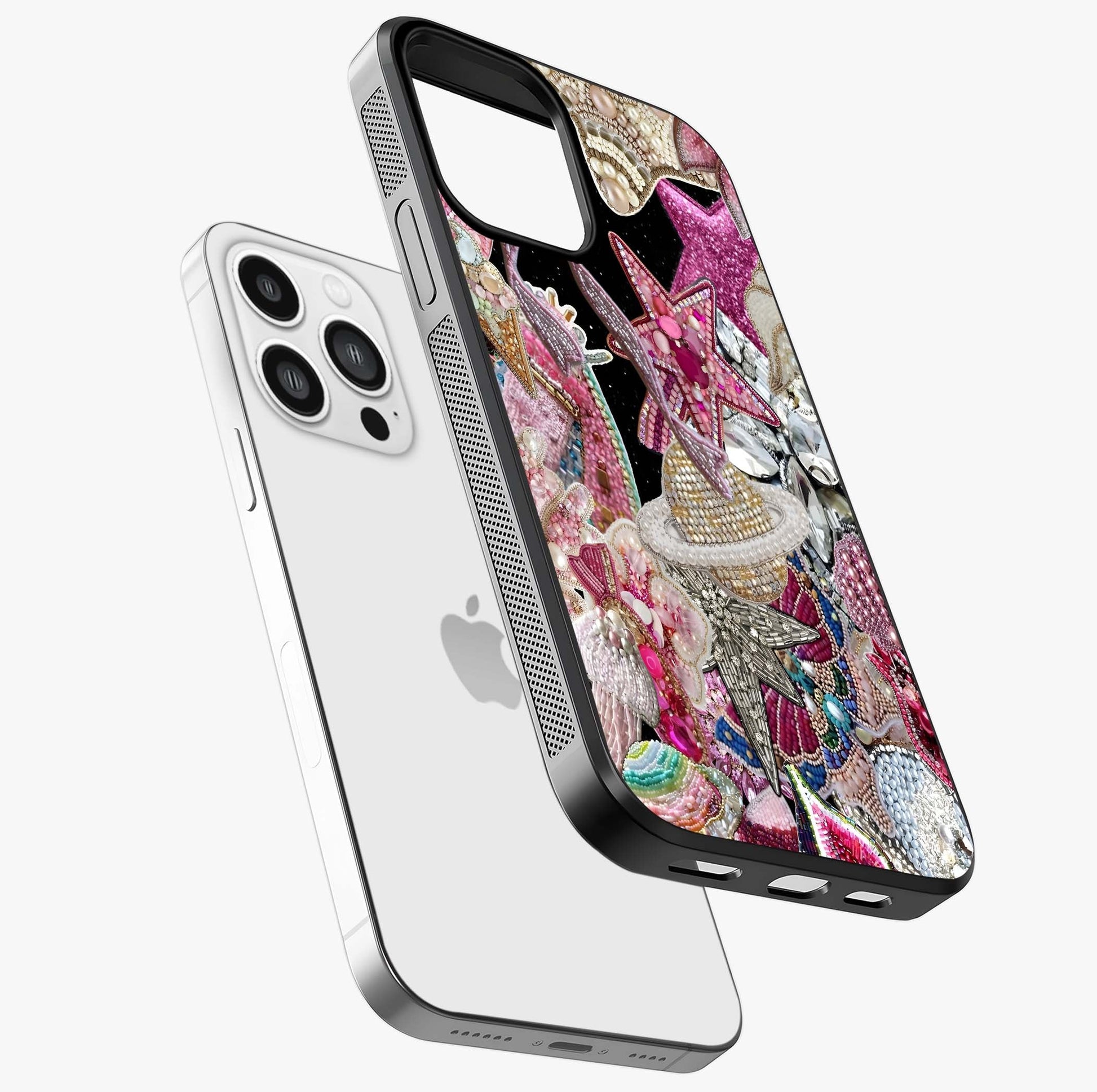Starlit Jewel Dream Glass Case laid diagonally highlighting side profile, edges and glossy glass shine.