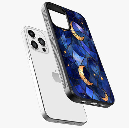Starlit Sky Tapestry Glass Case laid diagonally highlighting side profile, edges and glossy glass shine.