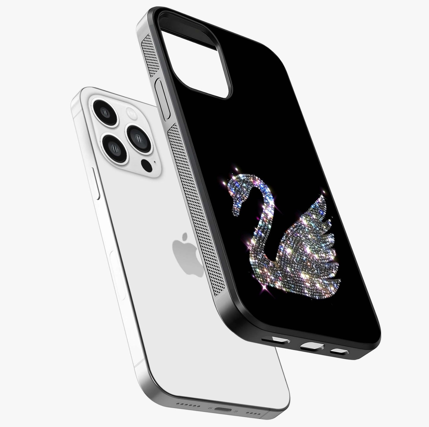 Starlit Swan Grace Glass Case laid diagonally highlighting side profile, edges and glossy glass shine.