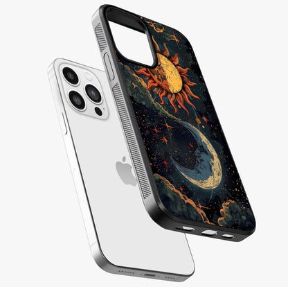 Sun And Moon Magic Design Glass Case laid diagonally highlighting side profile, edges and glossy glass shine.