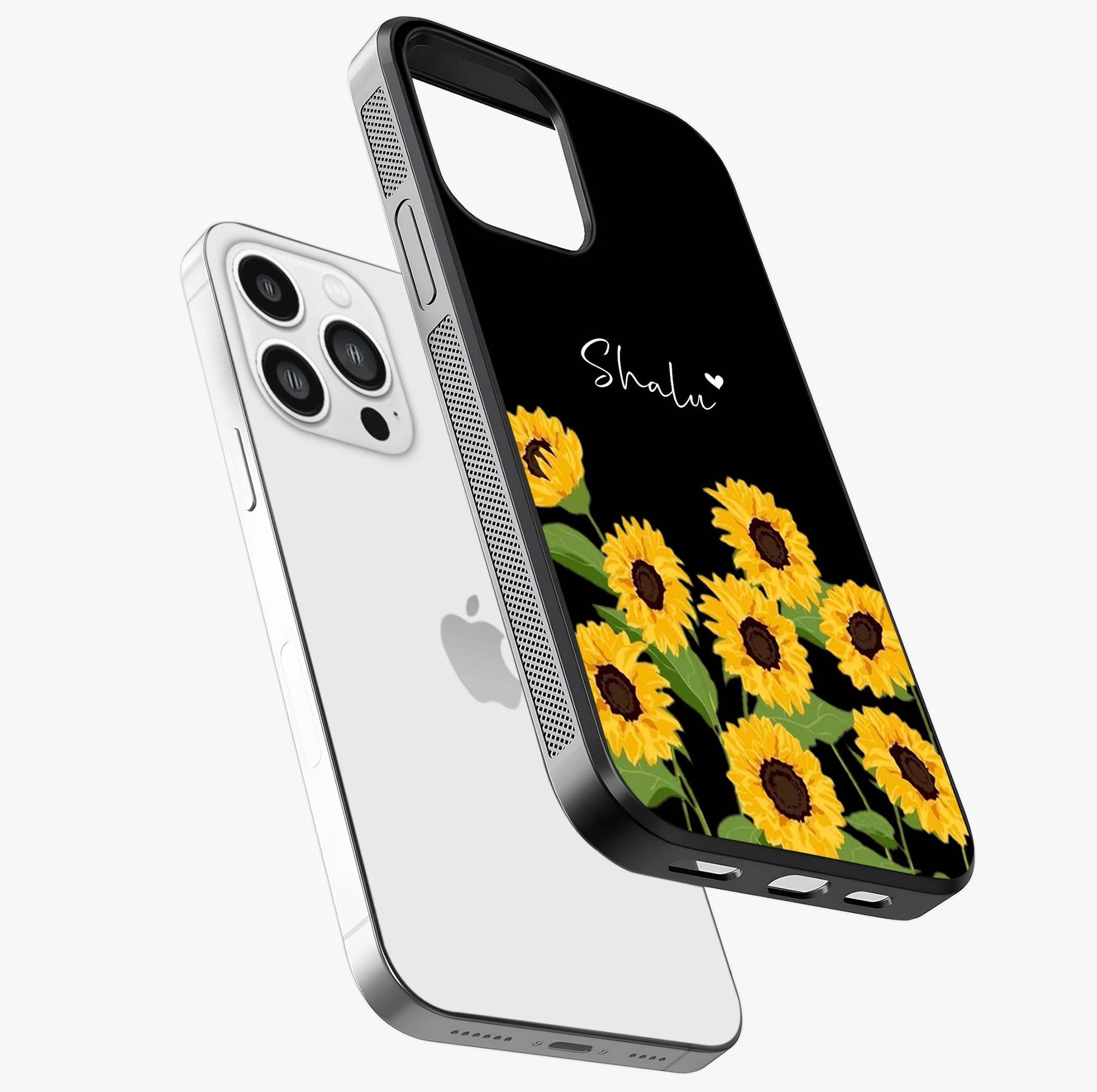 Sunflower Chic Mood Custom Name Glass Case laid diagonally highlighting side profile, edges and glossy glass shine.