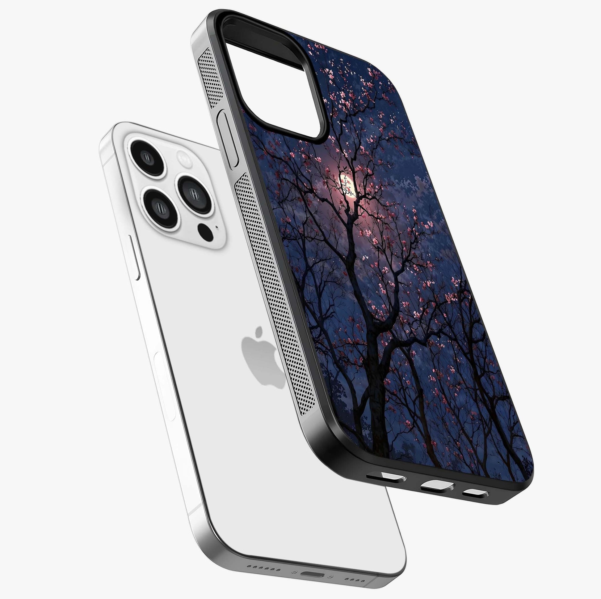 Twilight Sakura Serenade Glass Case laid diagonally highlighting side profile, edges and glossy glass shine.