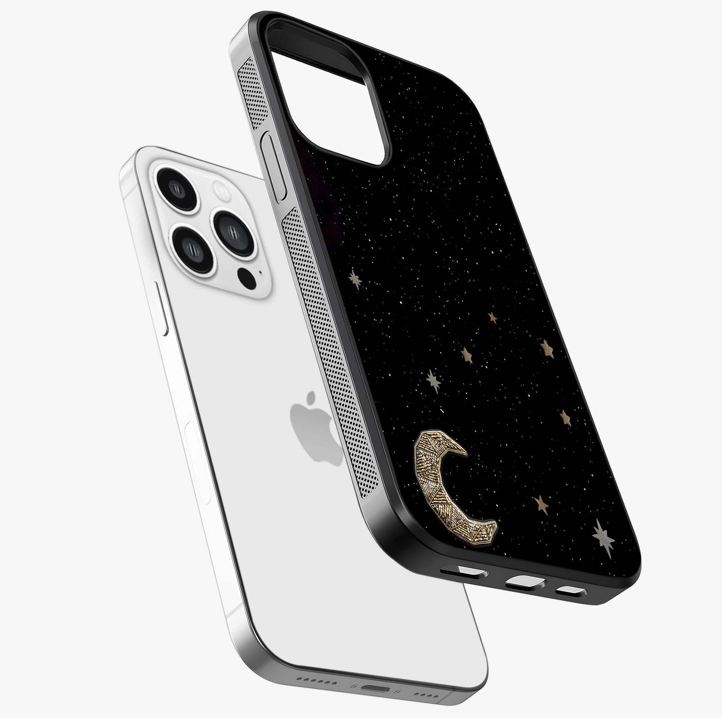 Twinkle Star With Half Moon Glass Case laid diagonally highlighting side profile, edges and glossy glass shine.