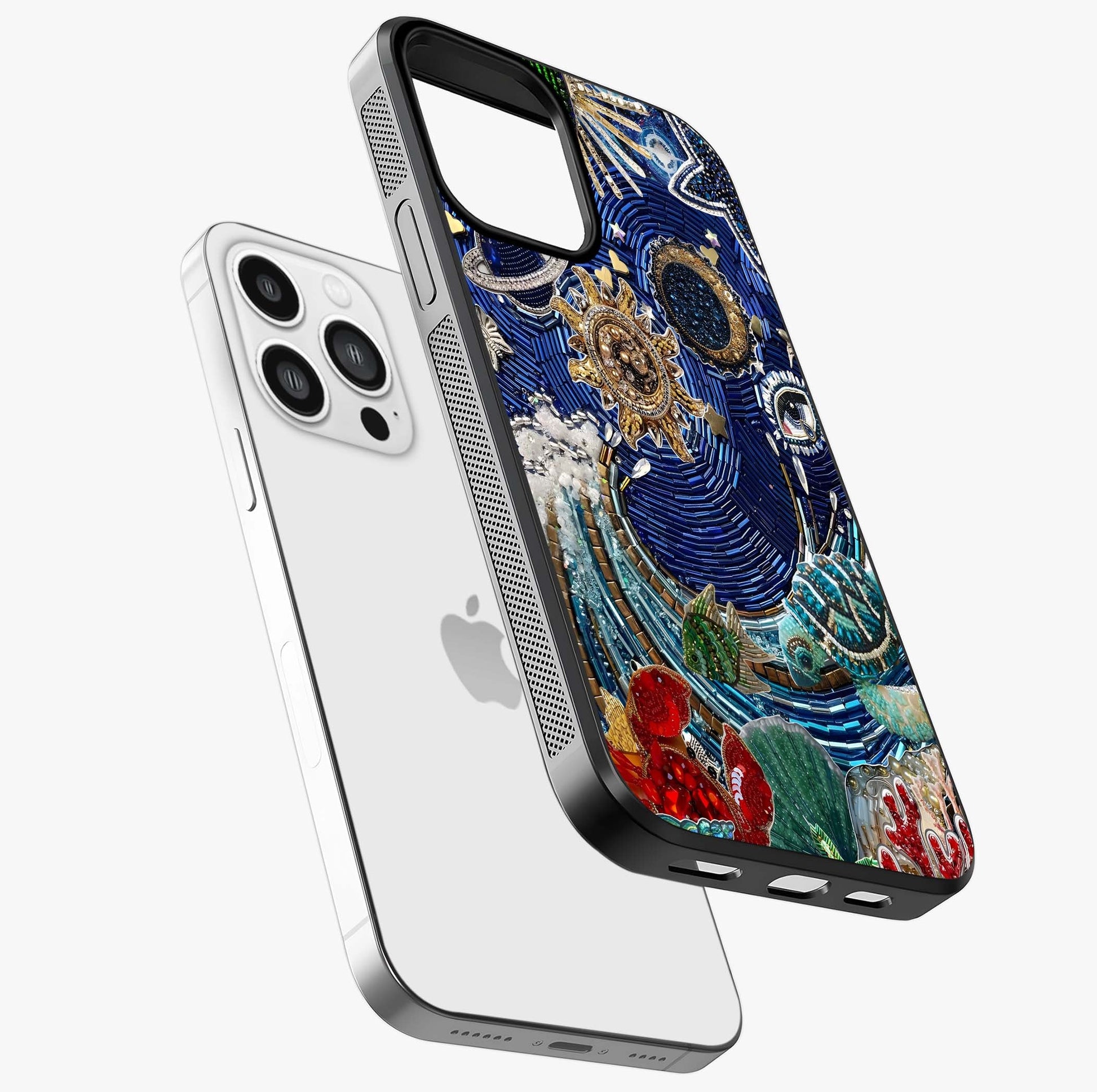 Universe Underwater Spark Glass Case laid diagonally highlighting side profile, edges and glossy glass shine.