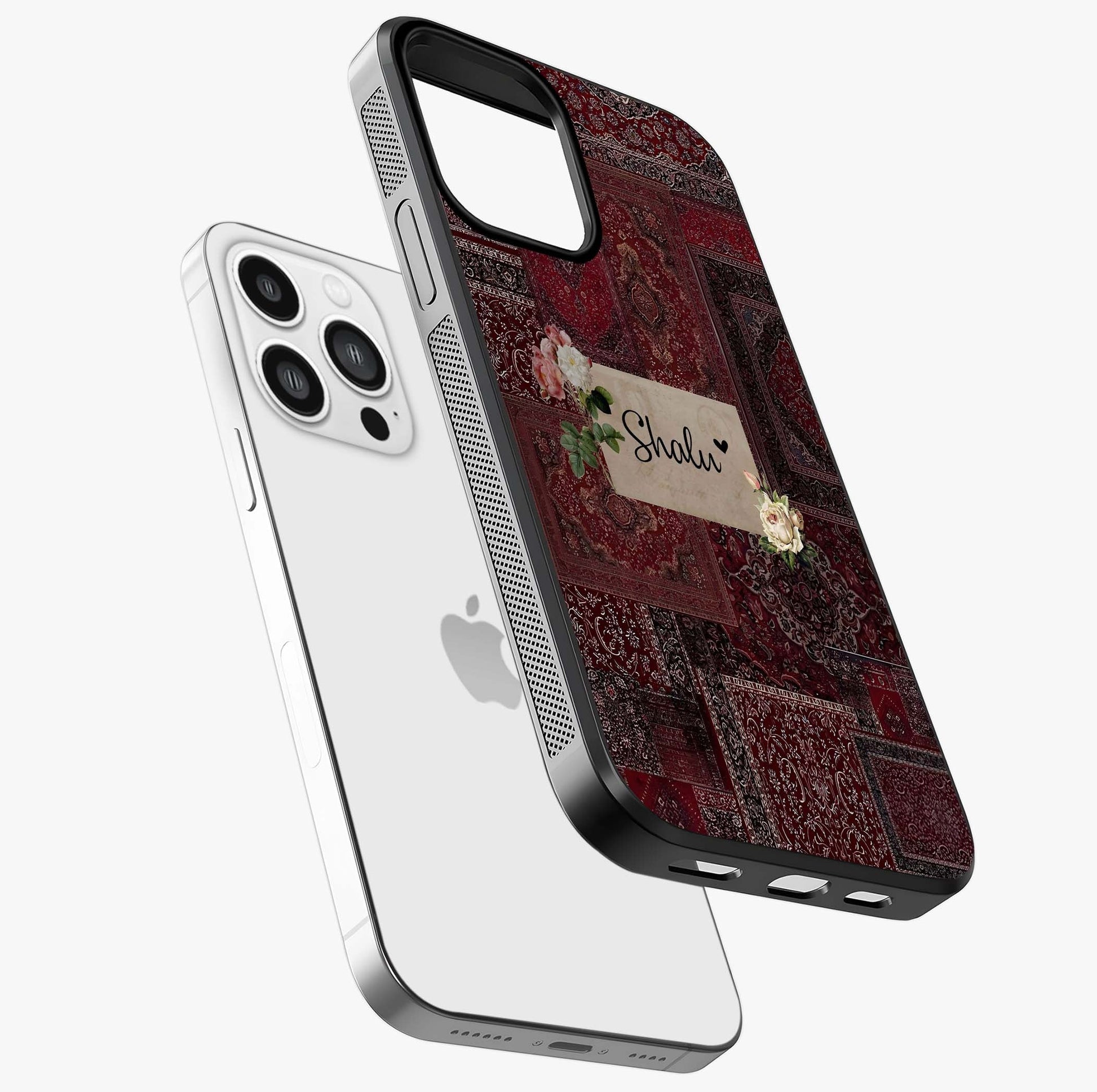 Velvet Wine Pattern Custom Name Glass Case laid diagonally highlighting side profile, edges and glossy glass shine.