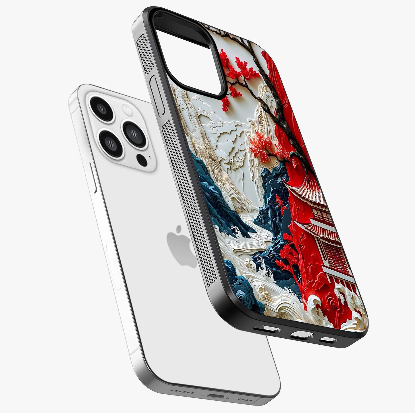 Whispers Of Sakura Waves Glass Case laid diagonally highlighting side profile, edges and glossy glass shine.