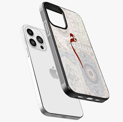 White Aesthetic Bow Glass Case laid diagonally highlighting side profile, edges and glossy glass shine.