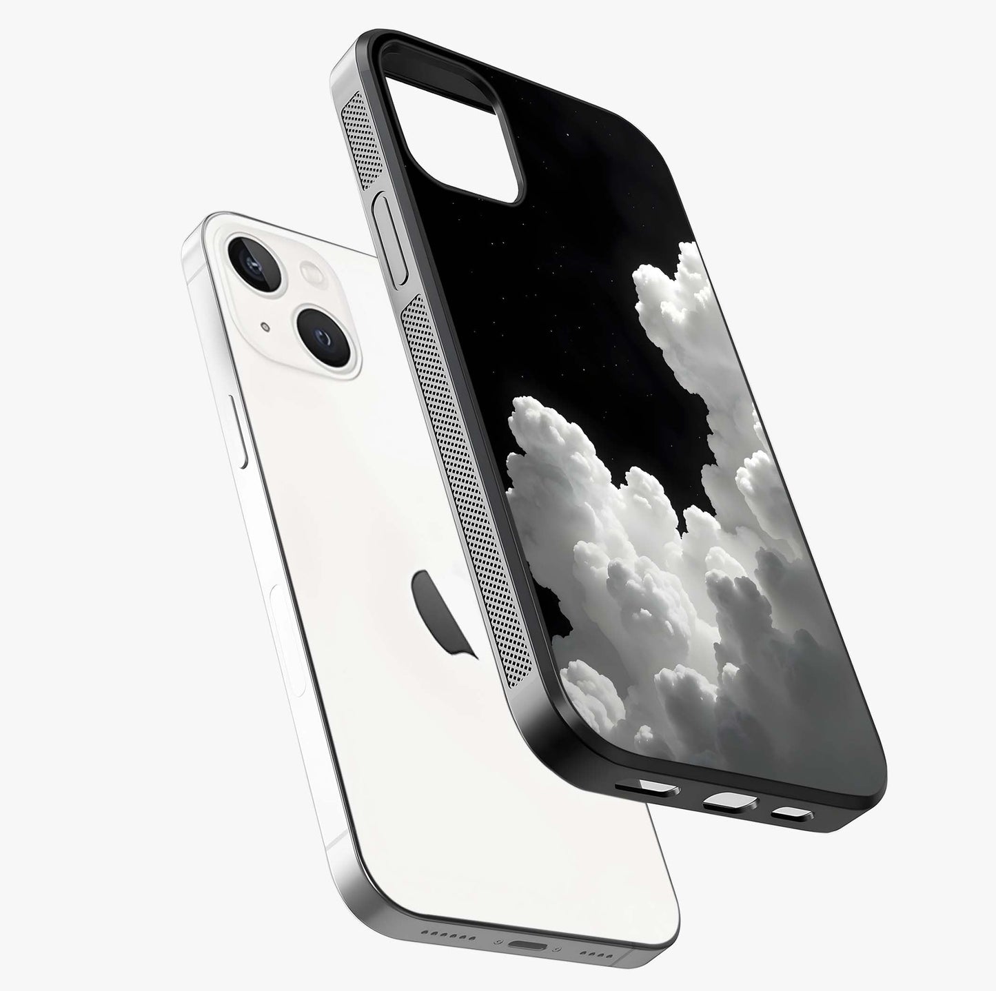 Black Background With White Cloud Glass Case laid diagonally highlighting side profile, edges and glossy glass shine.