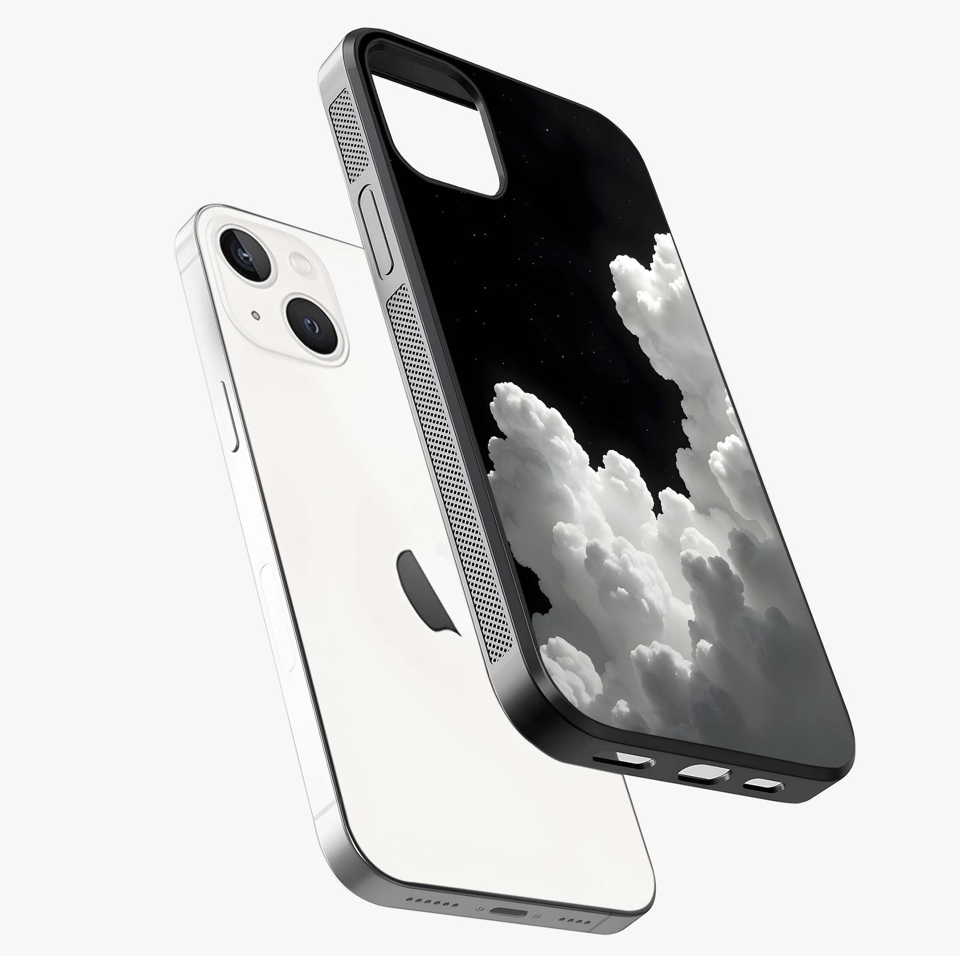 Black Background With White Cloud Glass Case laid diagonally highlighting side profile, edges and glossy glass shine.