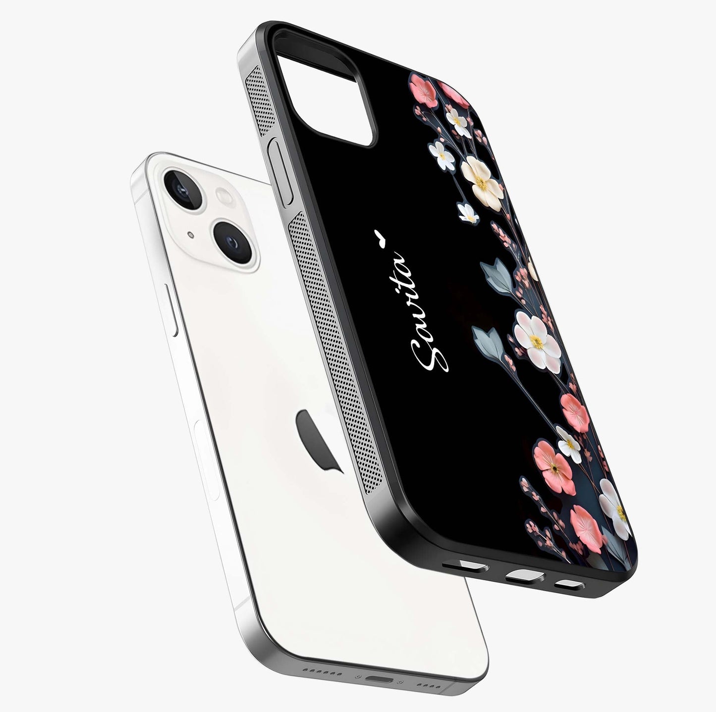Black Elegance Floral Custom Name Glass Case laid diagonally highlighting side profile, edges and glossy glass shine.