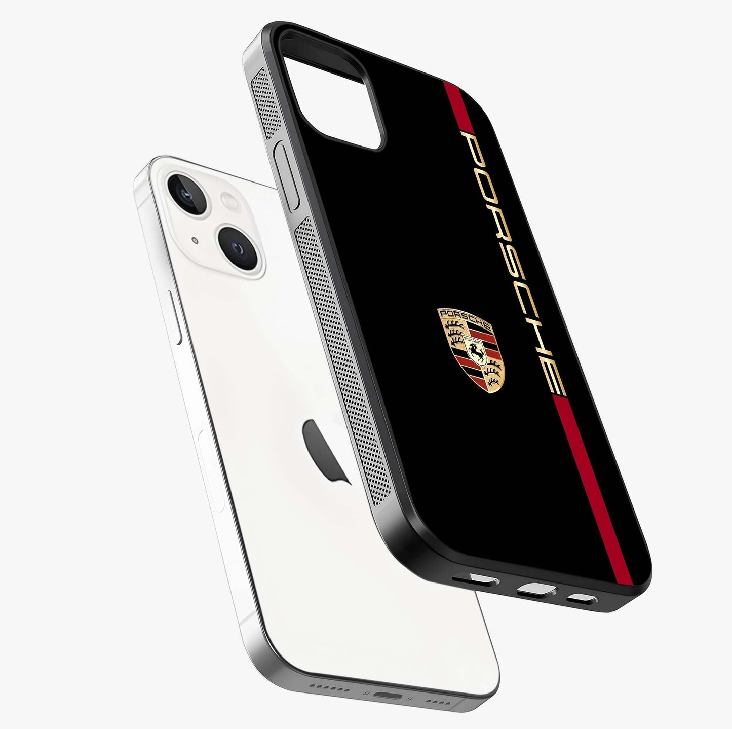 Black Minimal Porsche Glass Case laid diagonally highlighting side profile, edges and glossy glass shine.