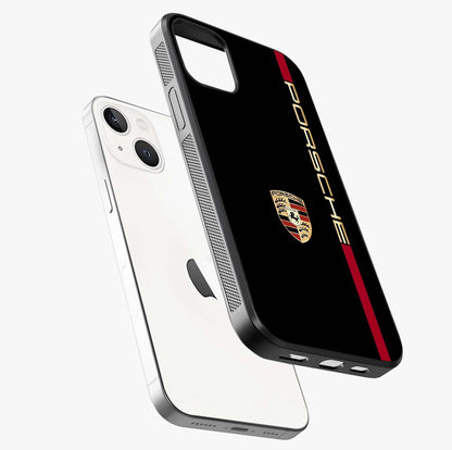 Black Minimal Porsche Glass Case laid diagonally highlighting side profile, edges and glossy glass shine.