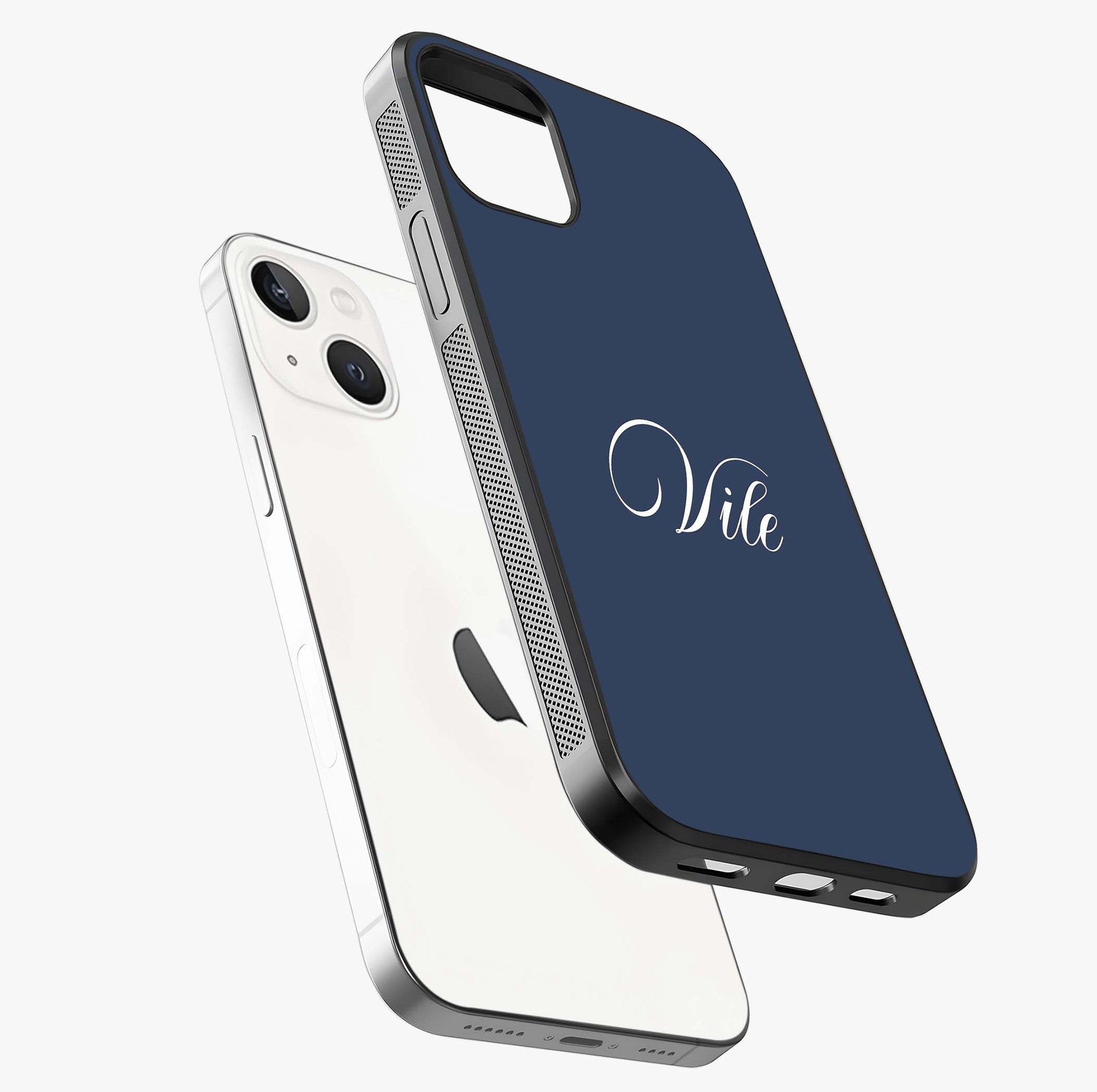 Blue Background Personalized Custom Name Glass Case laid diagonally highlighting side profile, edges and glossy glass shine.
