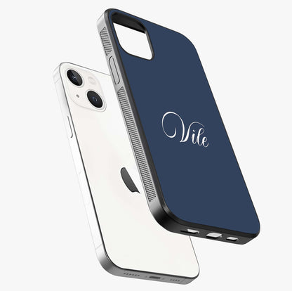 Blue Background Personalized Custom Name Glass Case laid diagonally highlighting side profile, edges and glossy glass shine.