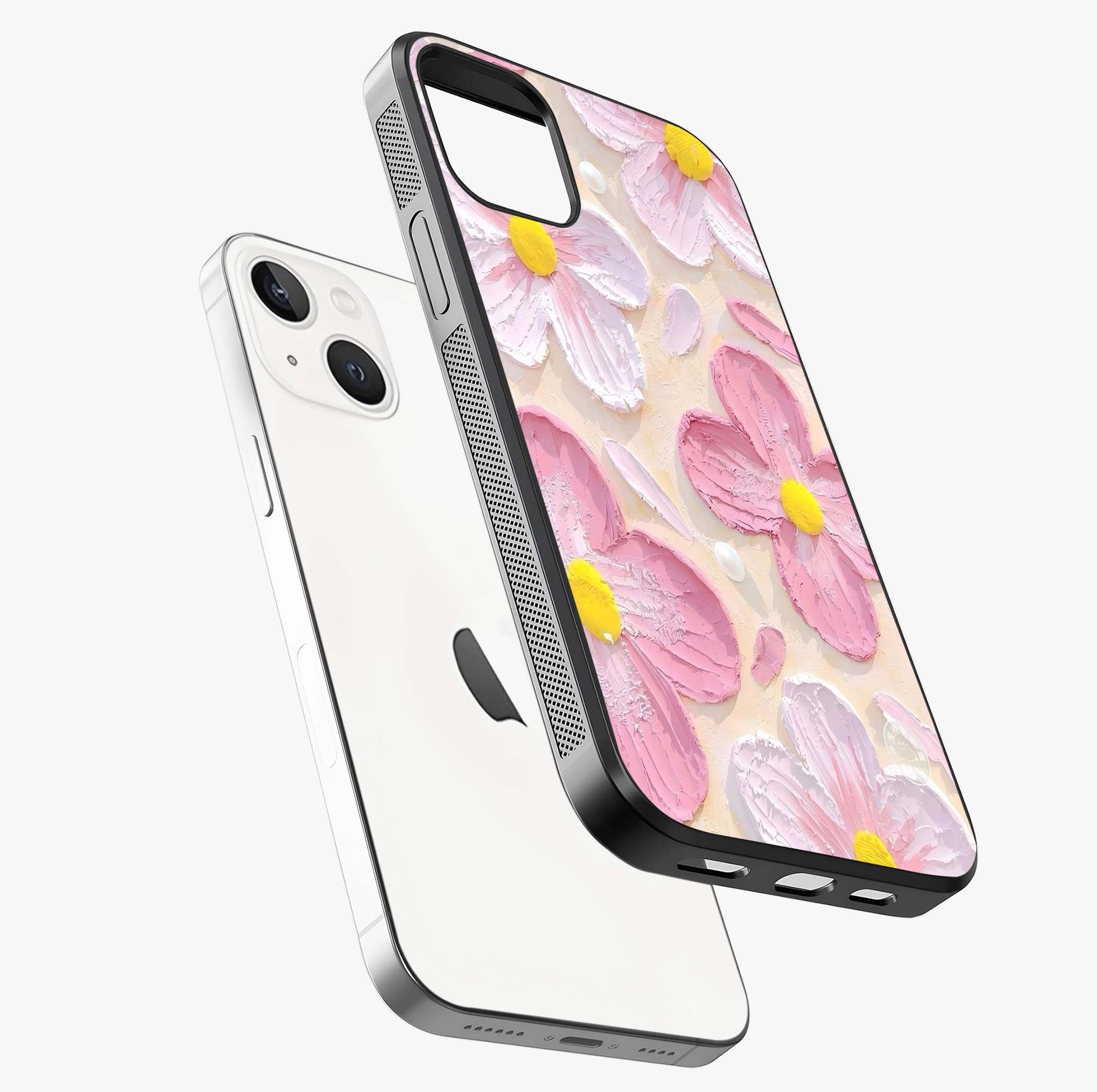 Blush Bloom Texture Glass Case laid diagonally highlighting side profile, edges and glossy glass shine.