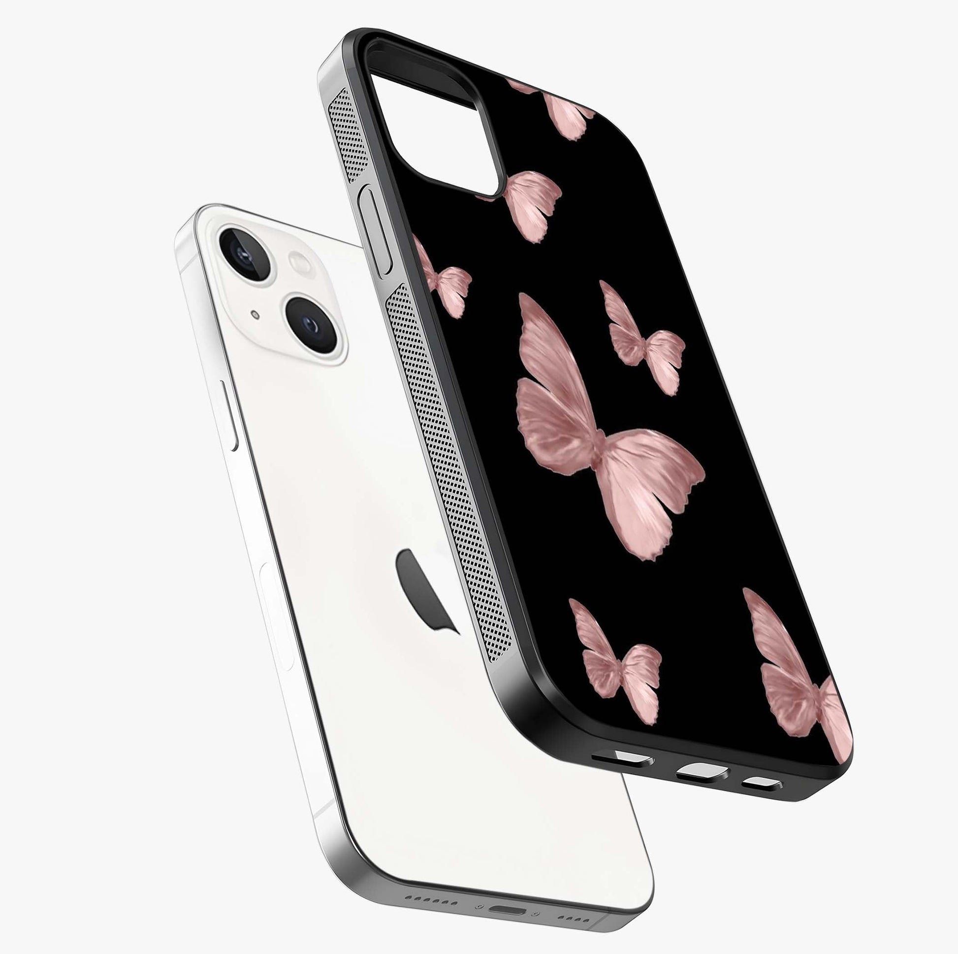 Butterfly Pattern Glass Case laid diagonally highlighting side profile, edges and glossy glass shine.