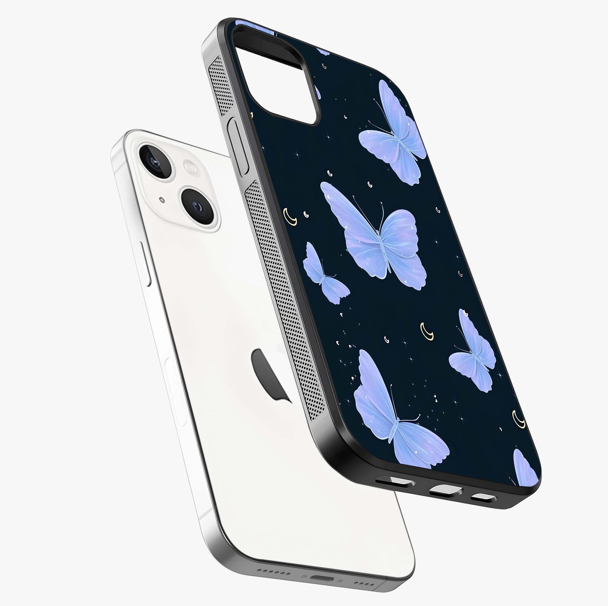 Butterfly With Stars Pattern Glass Case laid diagonally highlighting side profile, edges and glossy glass shine.