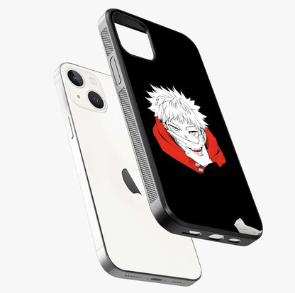 Crimson Chaos Smile Glass Case laid diagonally highlighting side profile, edges and glossy glass shine.