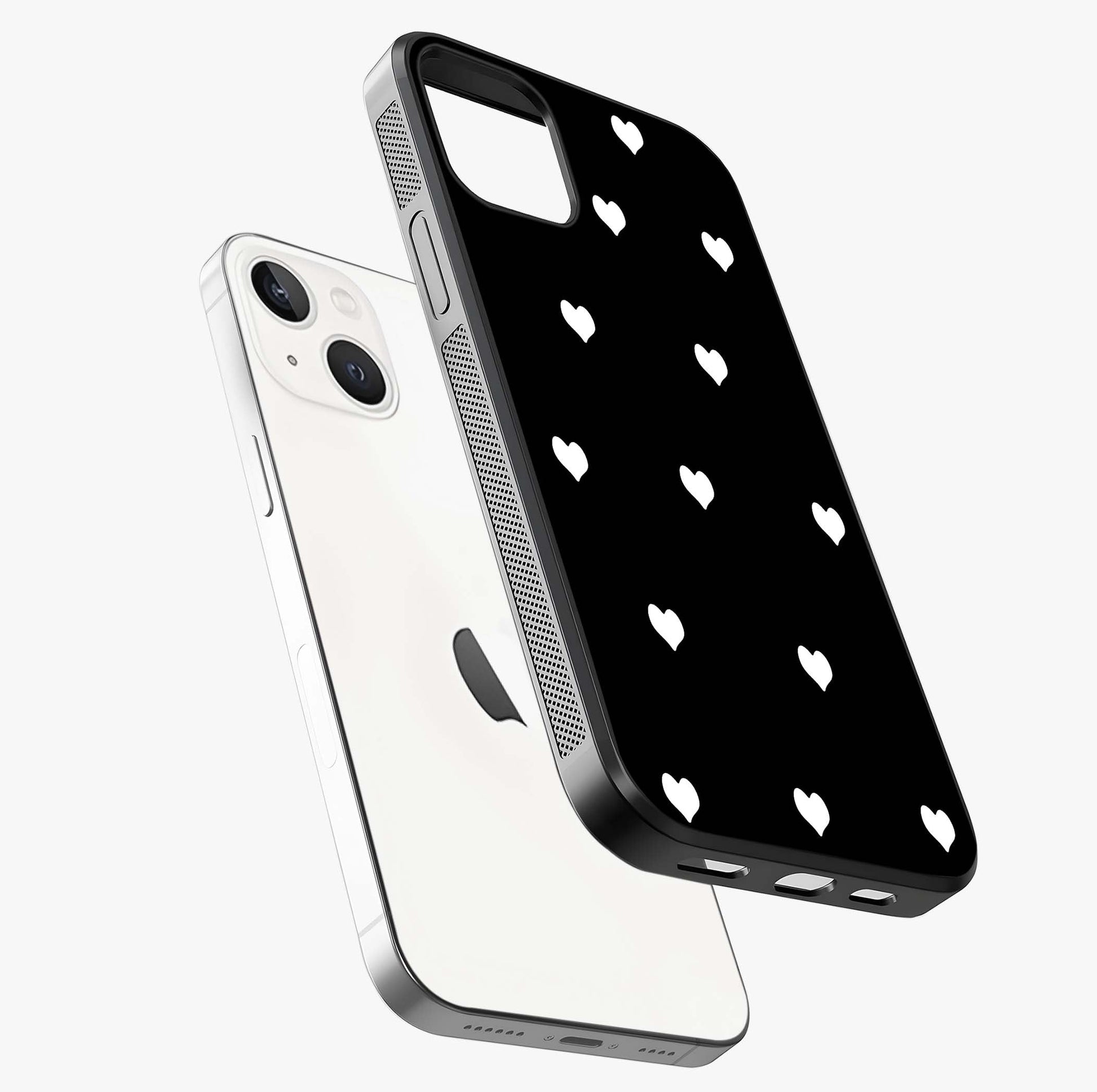 Cute And Simple White Hearts Glass Case laid diagonally highlighting side profile, edges and glossy glass shine.