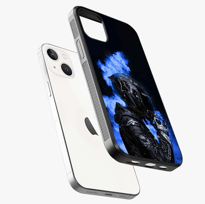 Cyber Sentinel Protocol Glass Case laid diagonally highlighting side profile, edges and glossy glass shine.
