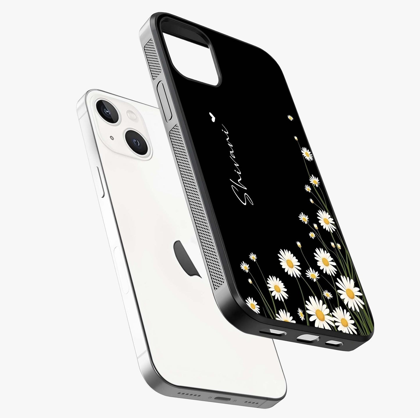 Daisy Cascade Custom Name Glass Case laid diagonally highlighting side profile, edges and glossy glass shine.