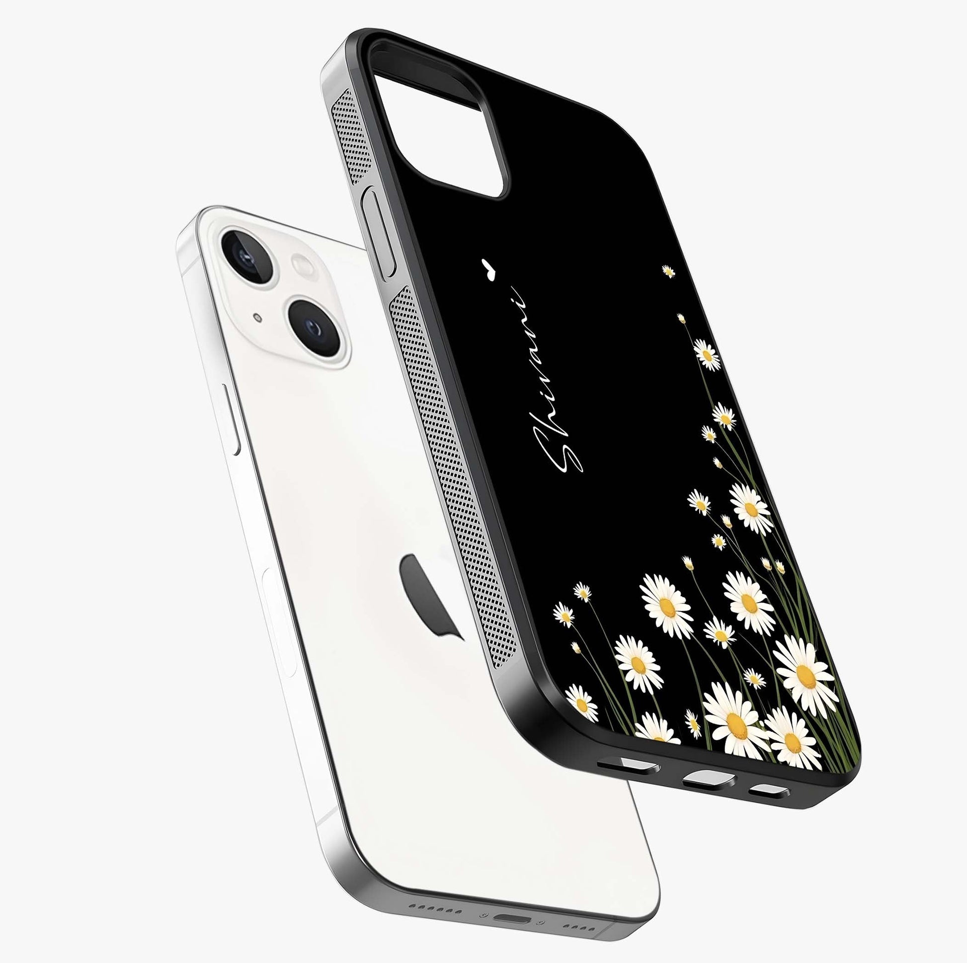 Daisy Cascade Custom Name Glass Case laid diagonally highlighting side profile, edges and glossy glass shine.