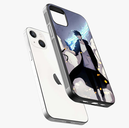 Dark Lightning Anime Warrior Glass Case laid diagonally highlighting side profile, edges and glossy glass shine.