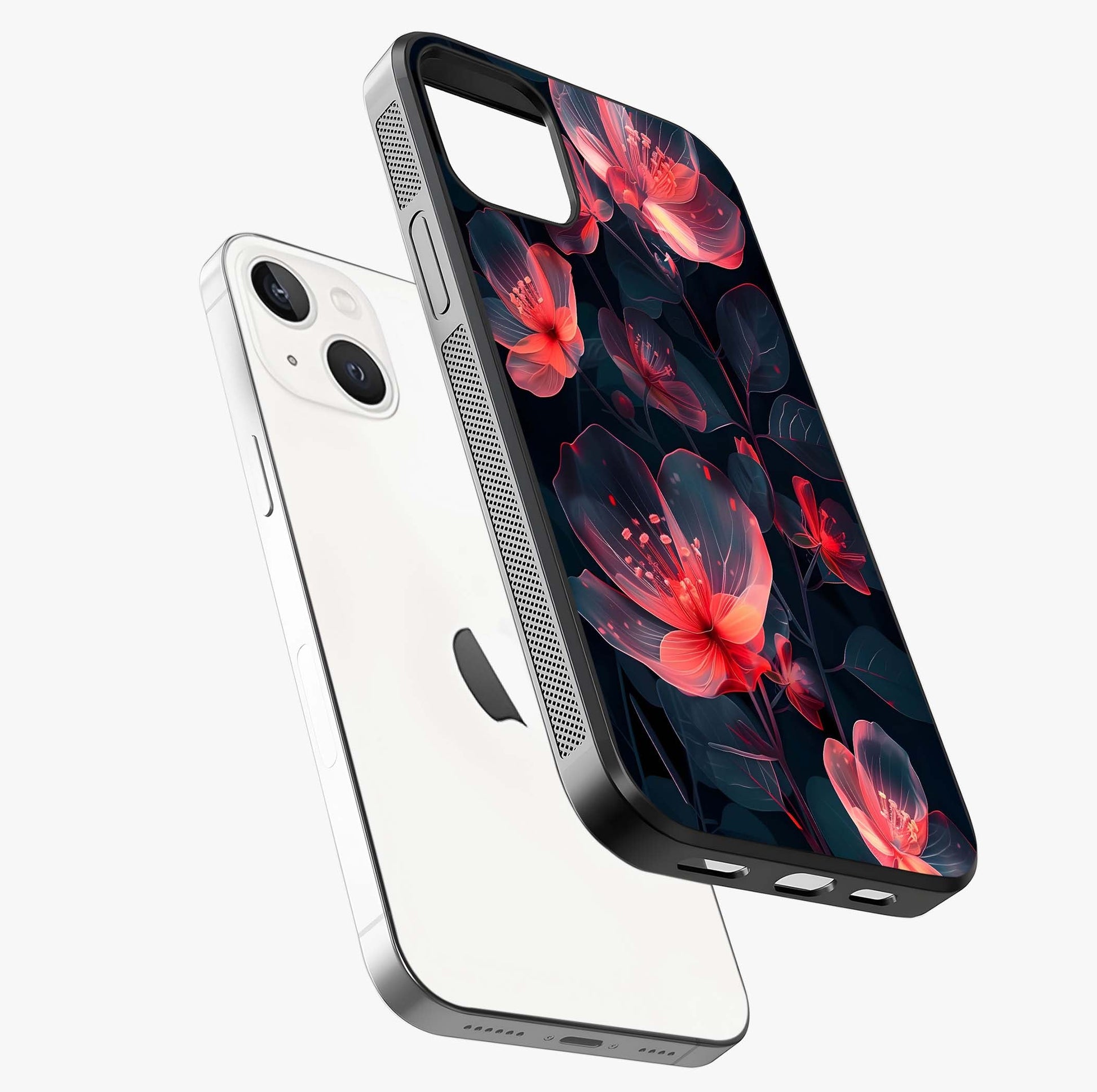 Dark Shade Of Flower Glass Case laid diagonally highlighting side profile, edges and glossy glass shine.