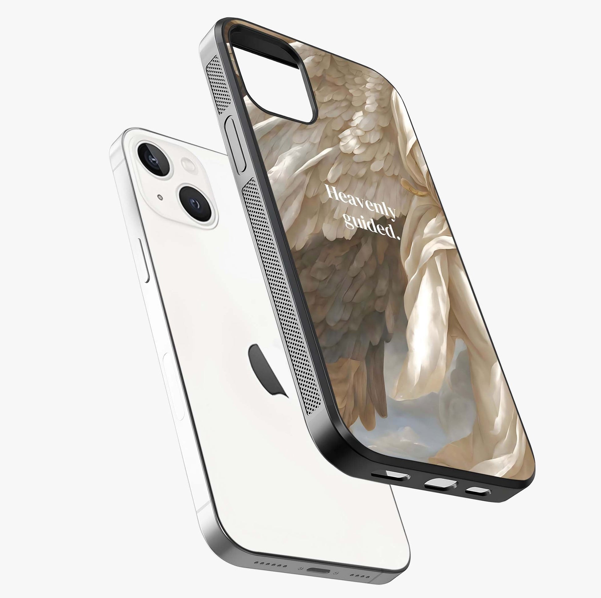 Divine Winged Grace Glass Case laid diagonally highlighting side profile, edges and glossy glass shine.