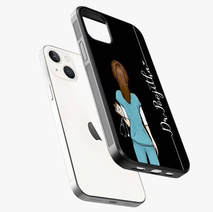 Doctor Pattern Custom Name Glass Case laid diagonally highlighting side profile, edges and glossy glass shine.