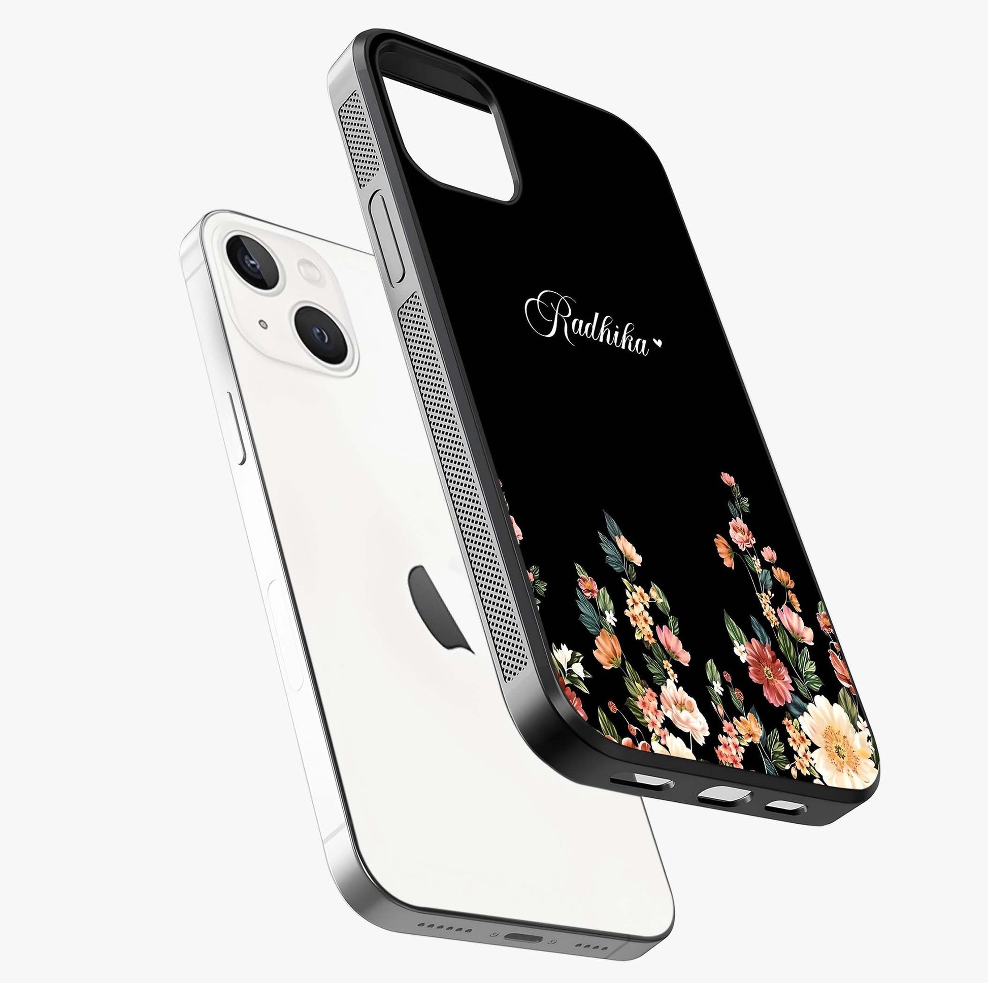 Floral Design With A Custom Personalized Name Glass Case laid diagonally highlighting side profile, edges and glossy glass shine.