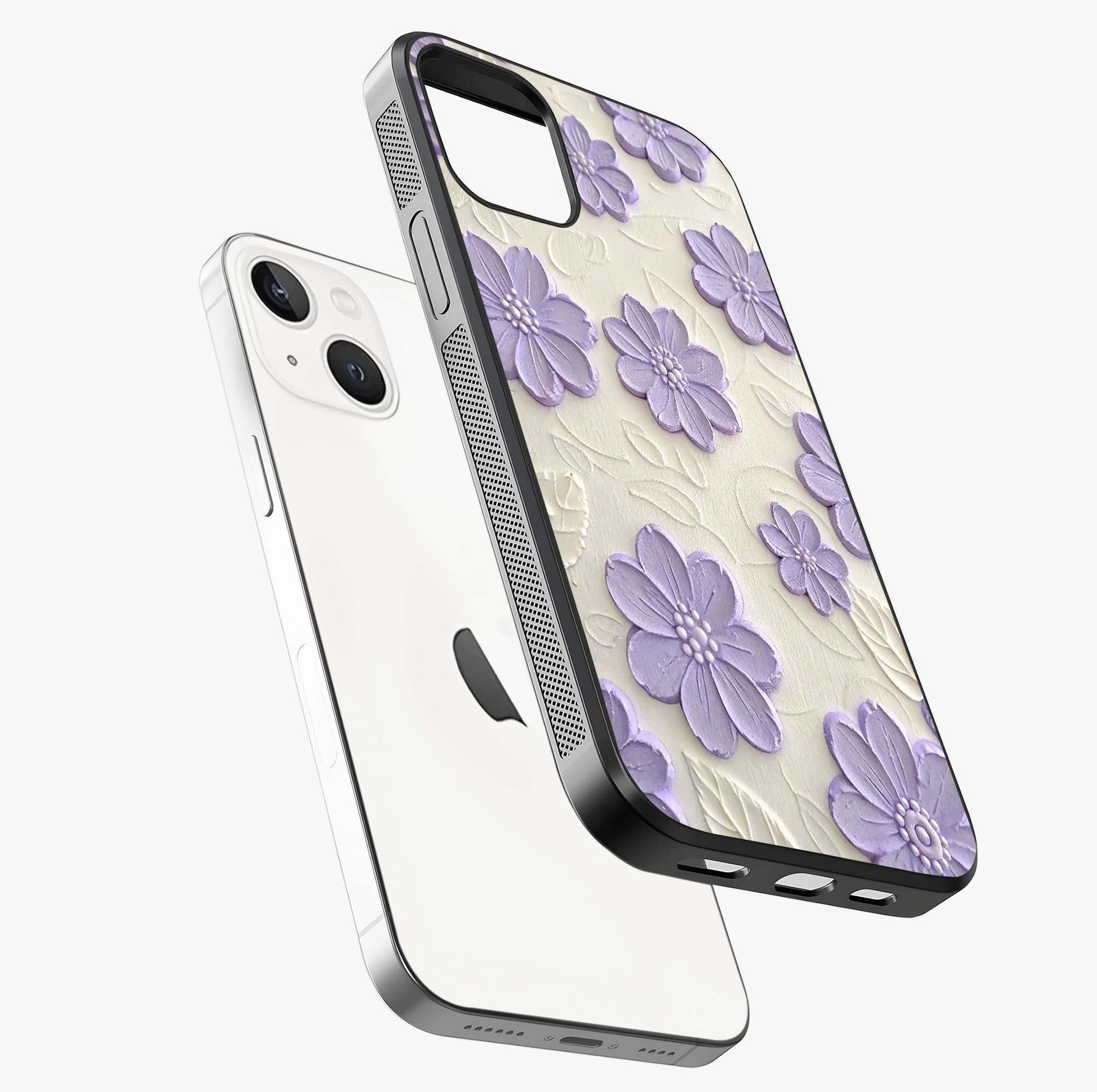 Floral Wall Art With Purple Flowers Glass Case laid diagonally highlighting side profile, edges and glossy glass shine.