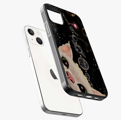 Galactic Cat Glass Case laid diagonally highlighting side profile, edges and glossy glass shine.